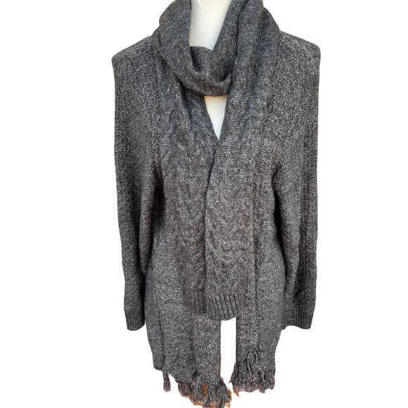 Sonoma Womens Long Open Cardigan Sweater Plus Sz 2x Scarf Gray Tassles